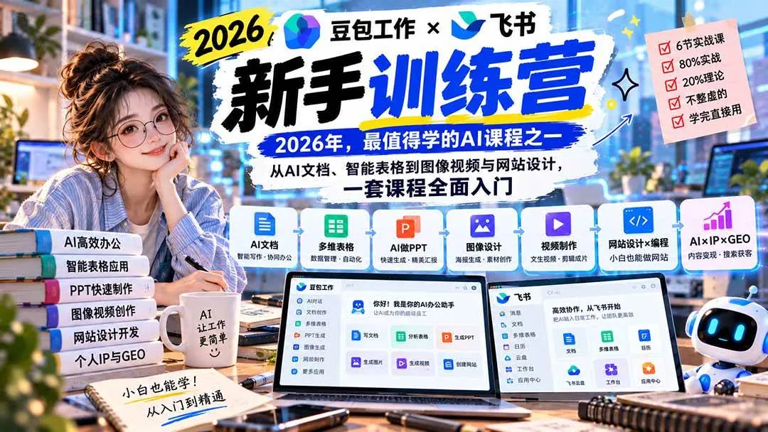 (20645期)2026豆包工作+飞书新手训练营-9月新课:从AI文档、智能表格到图像视频与网站设计,一套课程全面入门 (20645期)2026豆包工作+飞书新手训练营-9月新课:从AI文档、智能表格到图像视频与网站设计,一套课程全面入门