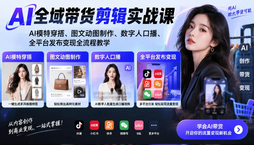 AI全域带货剪辑实战课｜AI模特穿搭、图文动图制作、数字人口播、全平台发布变现全流程教学-梦帆创业网