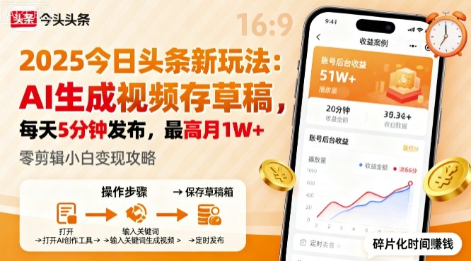 2025年今日头条躺賺新玩法，AI生成视频存草稿，每天5分钟发布，最高月1W+【揭秘】-梦帆创业网