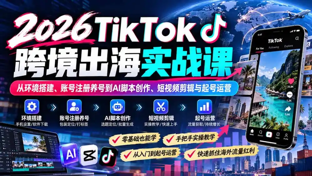 2026TikTok跨境出海实战课：从环境搭建、账号注册养号到AI脚本创作、短视频剪辑与起号运营-梦帆创业网