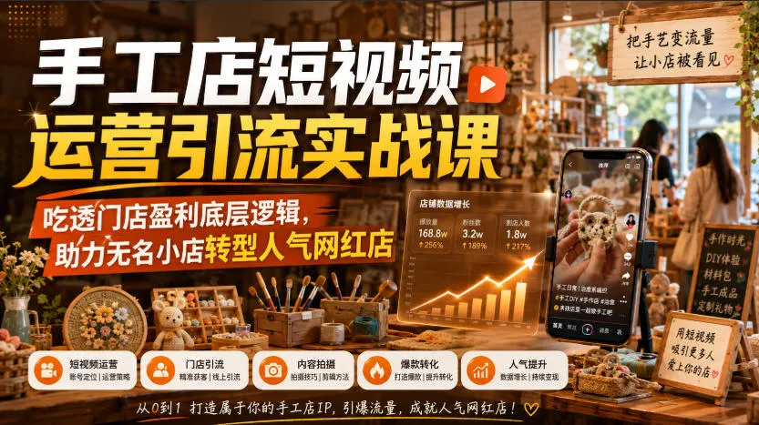 手工店短视频运营引流实战课，吃透门店盈利底层逻辑，助力无名小店转型人气网红店-梦帆创业网