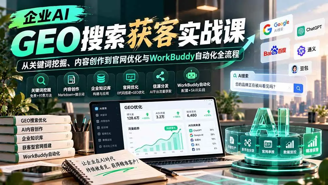 （20643期）企业AI GEO搜索获客实战课：从关键词挖掘、内容创作到官网优化与WorkBuddy自动化全流程-梦帆创业网