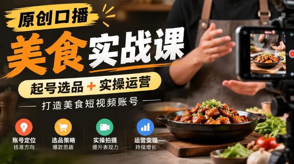 原创口播美食实战课,起号选品+实操运营,打造美食短视频账号 原创口播美食实战课,起号选品+实操运营,打造美食短视频账号