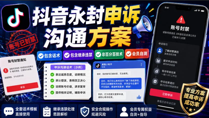抖音永封申诉沟通方案，包含话术，包含继承违禁，非百分百技术，会员自测-梦帆创业网