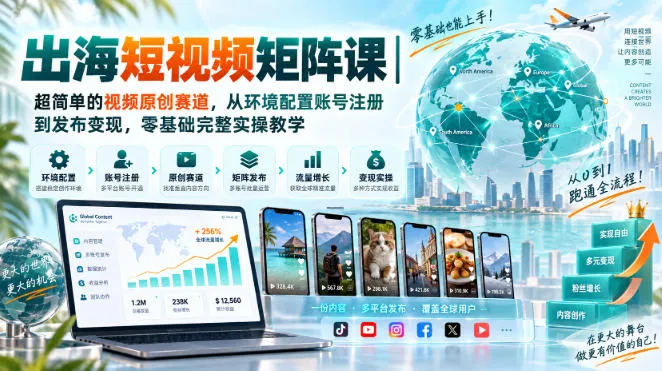 出海短视频矩阵课｜超简单的视频原创赛道，从环境配置账号注册到发布变现，零基础完整实操教学-梦帆创业网