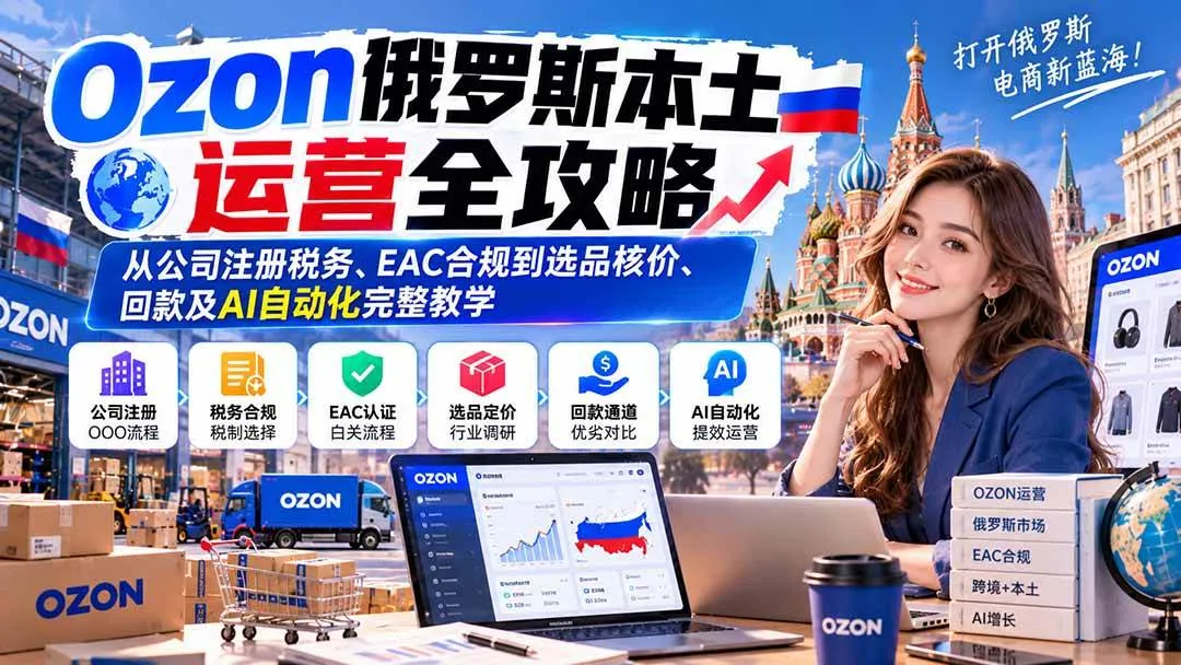 （20851期）Ozon俄罗斯本土运营全攻略：从公司注册税务、EAC合规到选品核价、回款及AI自动化完整教学