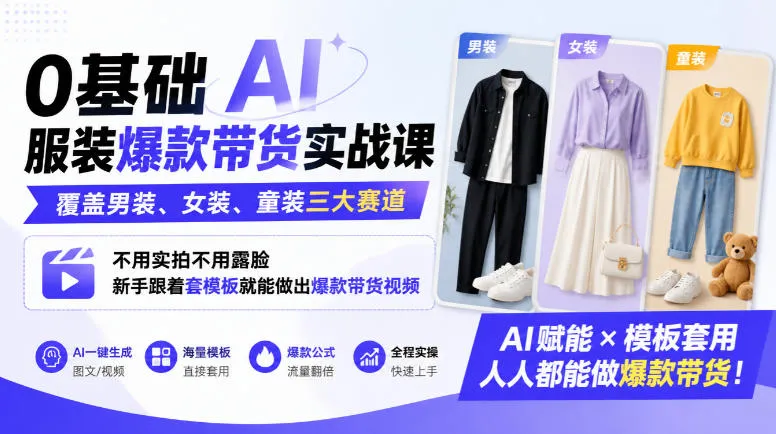 0基础AI服装爆款带货实战课｜覆盖男装、女装、童装三大赛道，不用实拍不用露脸，新手跟着套模板就能做出爆款带货视频-梦帆创业网
