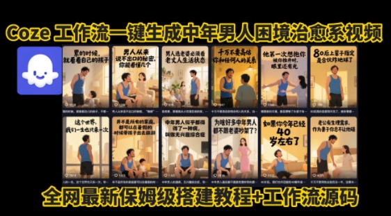 coze工作流一键生成”中年男人困境扎心高涨粉高播放量图文视频”保姆级拆解教程，无需剪辑，无需拍摄写文案-梦帆创业网
