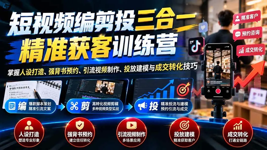 （20910期）短视频编剪投三合一精准获客训练营：掌握人设打造、强背书预约、引流视频制作、投放建模与成交转化技巧-梦帆创业网