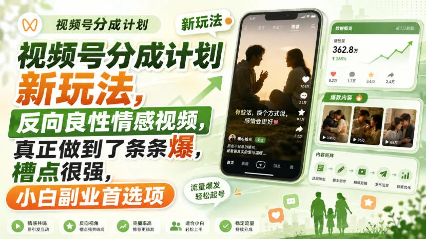 视频号分成计划新玩法，反向良性情感视频，真正做到了条条爆，槽点很强，小白副业首选项-梦帆创业网