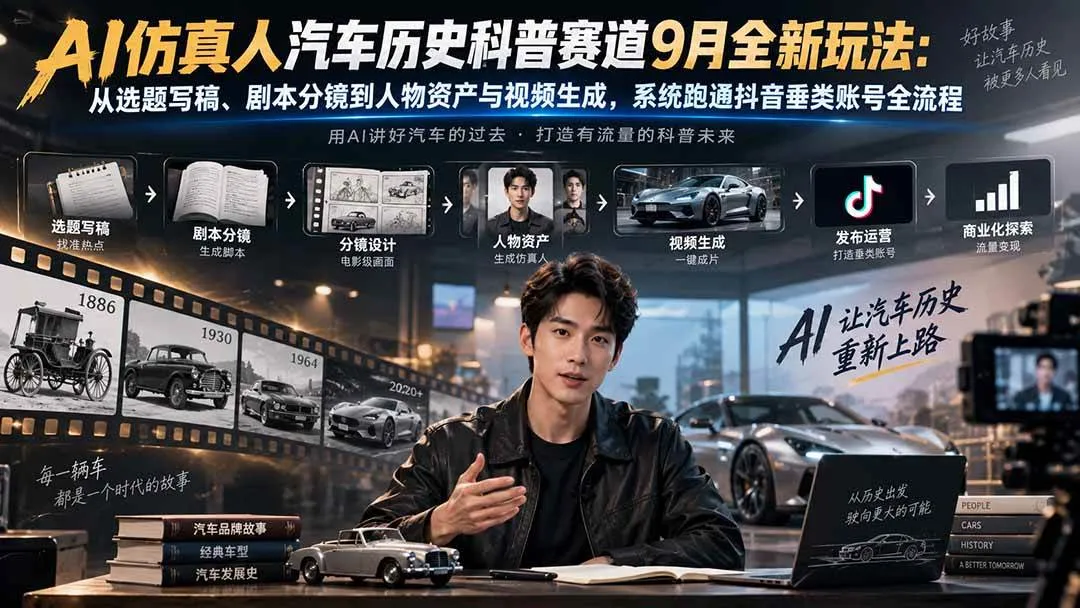 (20413期)AI仿真人汽车历史科普赛道9月全新玩法:从选题写稿、剧本分镜到人物资产与视频生成,系统跑通抖音垂类账号全流程 (20413期)AI仿真人汽车历史科普赛道9月全新玩法:从选题写稿、剧本分镜到人物资产与视频生成,系统跑通抖音垂类账号全流程