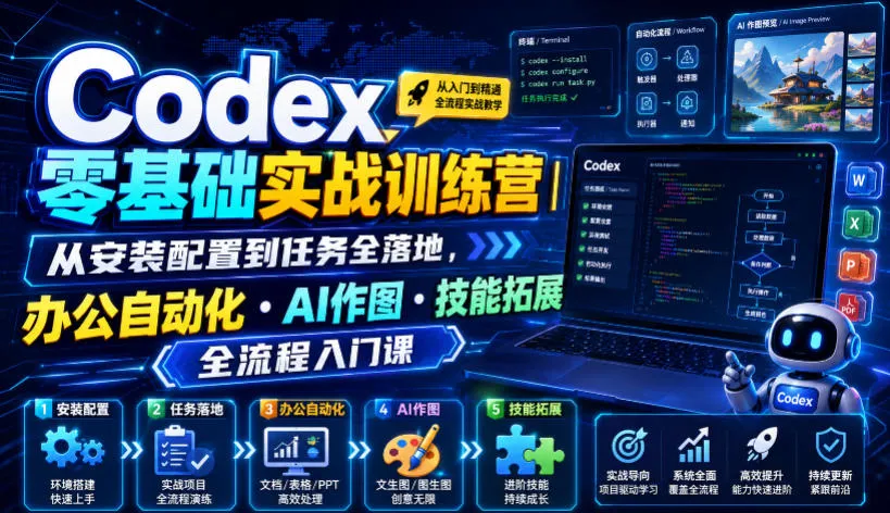 Codex零基础实战训练营｜从安装配置到任务全落地，办公自动化・AI作图・技能拓展全流程入门课-梦帆创业网