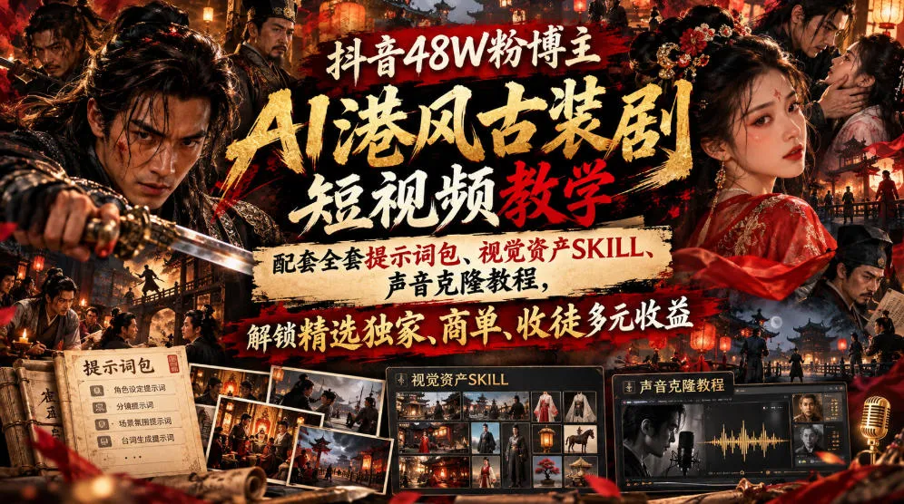抖音48W粉博主AI港风古装剧短视频教学,配套全套提示词包、视觉资产SKILL、声音克隆教程,解锁精选独家、商单、收徒多元收益 抖音48W粉博主AI港风古装剧短视频教学,配套全套提示词包、视觉资产SKILL、声音克隆教程,解锁精选独家、商单、收徒多元收益