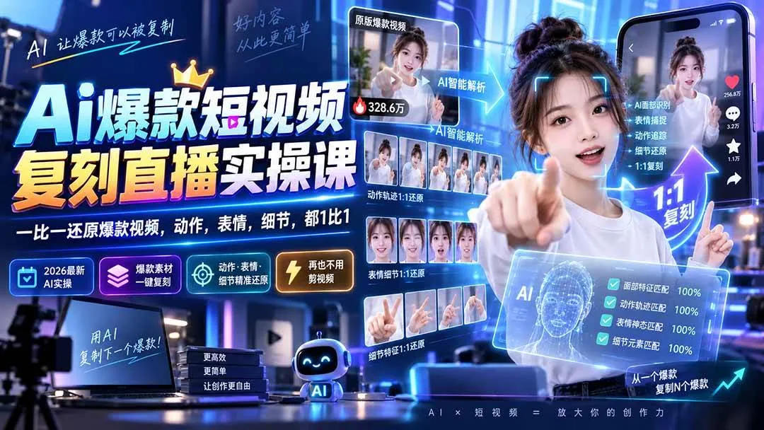 （20304期）最新Ai爆款短视频复刻直播实操课，一比一还原爆款视频，动作，表情，细节，都1比1-梦帆创业网