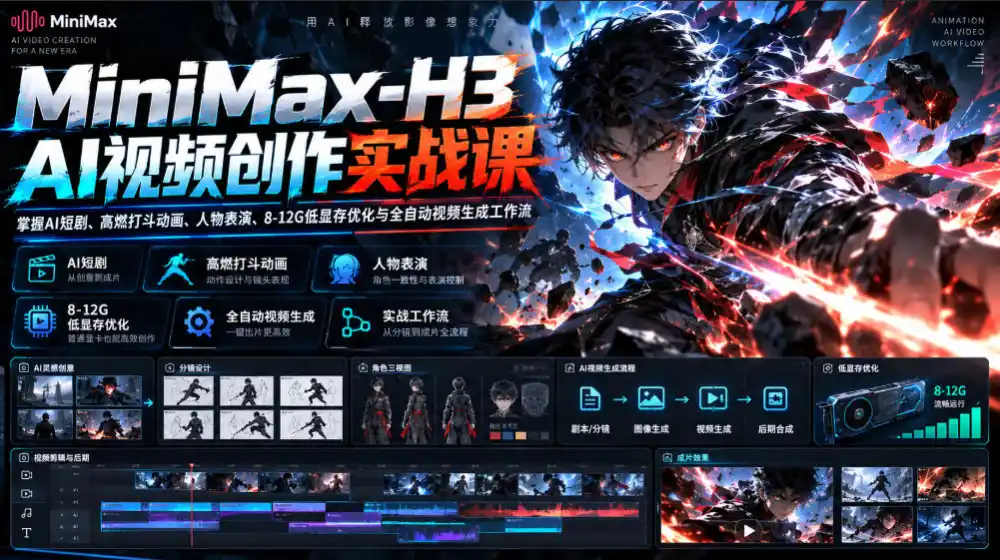MiniMax-H3 AI视频创作实战课,掌握AI短剧、高燃打斗动画、人物表演、8-12G低显存优化与全自动视频生成工作流