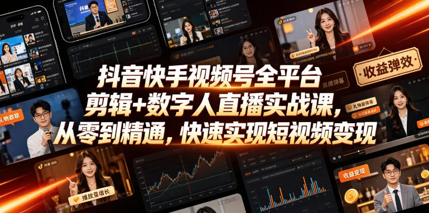 抖音快手视频号全平台剪辑+数字人直播实战课，从零到精通，快速实现短视频变现(更新2026年10月)-梦帆创业网