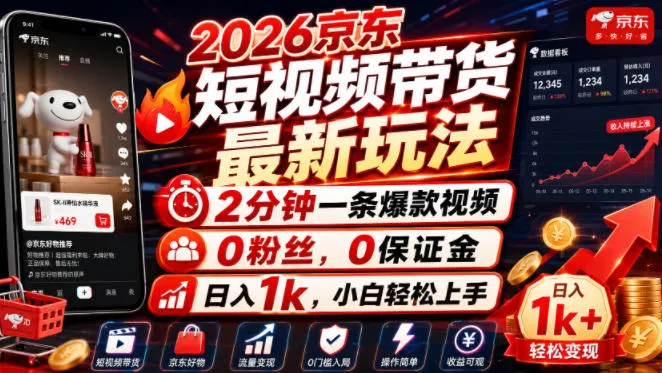 2026京东短视频带货最新玩法，2分钟一条爆款视频，0粉丝，0保证金，日入1k，小白轻松上手【揭秘】-梦帆创业网