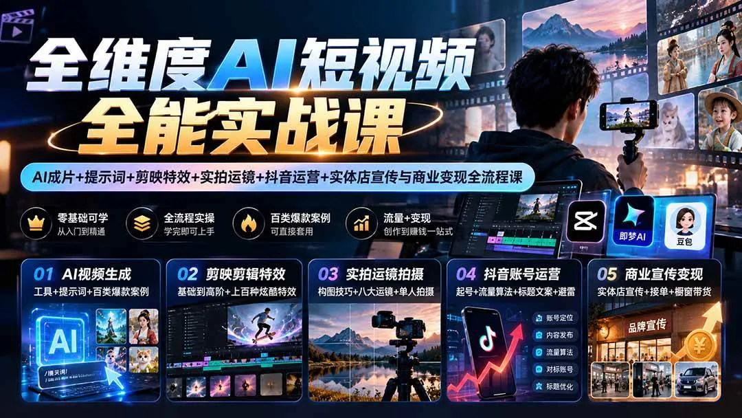 （20768期）【无水印】全维度AI短视频全能实战课：AI成片+提示词+剪映特效+实拍运镜+抖音运营+实体店宣传与商业变现全流程课-梦帆创业网