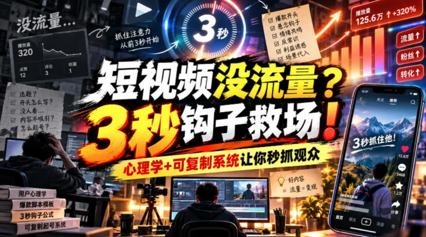 【无水印】短视频没流量？3秒钩子救场！心理学+可复制系统让你秒抓观众【原创双语字幕】-梦帆创业网