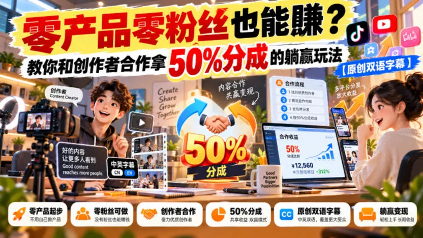 【无水印】零产品零粉丝也能賺？教你和创作者合作拿50%分成的躺赢玩法【原创双语字幕】-梦帆创业网