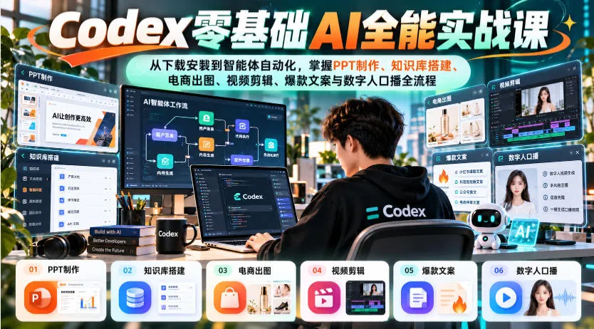 Codex零基础AI全能实战课:从下载安装到智能体自动化,掌握知识库搭建、电商出图、视频剪辑、爆款文案与数字人口播全流程 Codex零基础AI全能实战课:从下载安装到智能体自动化,掌握知识库搭建、电商出图、视频剪辑、爆款文案与数字人口播全流程