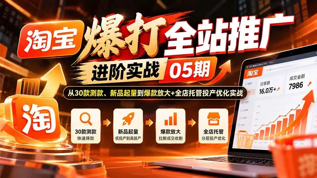 （20817期）淘宝爆打全站推广进阶实战05期：从30款测款、新品起量到爆款放大+全店托管投产优化实战-梦帆创业网