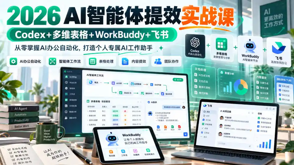 2026 AI智能体提效实战课：Codex+多维表格+WorkBuddy+飞书，从零掌握AI办公自动化，打造个人专属AI工作助手-梦帆创业网
