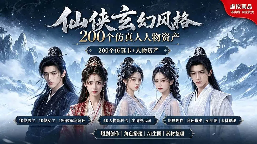 （19301期）200个仙侠玄幻仿真人素材◆10男主×10女主×180配角，4K资料卡+AI生图提示词，漫剧必备-梦帆创业网