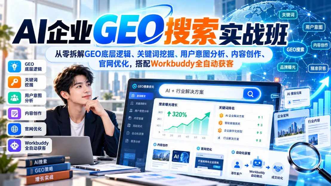 AI企业GEO搜索实战班，从零拆解GEO底层逻辑、关键词挖掘、用户意图分析、内容创作、官网优化，搭配Workbuddy全自动获客-梦帆创业网