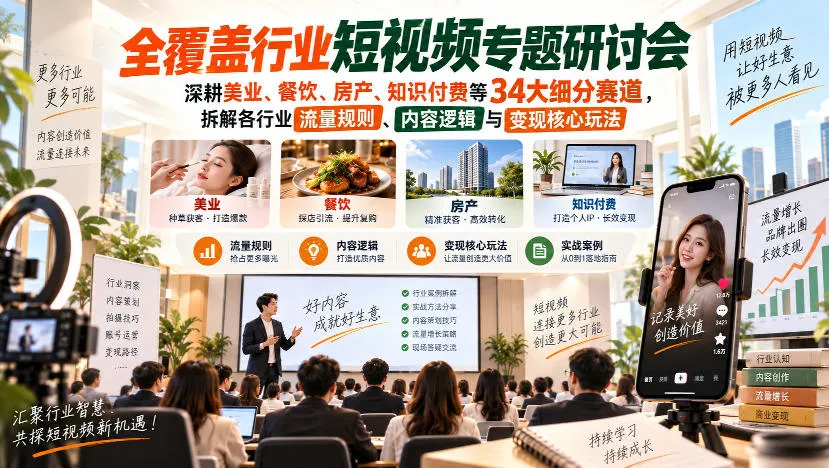短视频专题研讨会,深耕美业、餐饮、房产、知识付费等34大细分赛道,拆解各行业流量规则、内容逻辑与变现核心玩法 短视频专题研讨会,深耕美业、餐饮、房产、知识付费等34大细分赛道,拆解各行业流量规则、内容逻辑与变现核心玩法