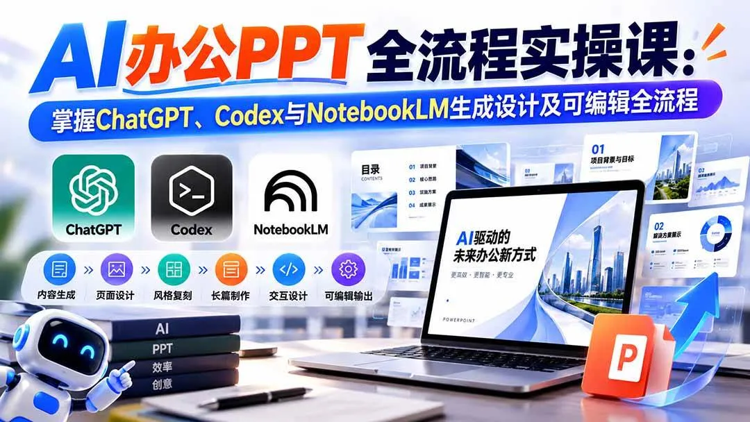 （20660期）【无水印】AI办公PPT全流程实操课： 掌握ChatGPT、Codex与NotebookLM生成设计及可编辑全流程-梦帆创业网