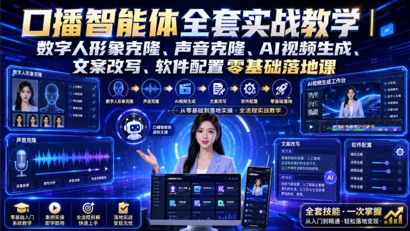 口播智能体全套实战教学｜数字人形象克隆、声音克隆、AI视频生成、文案改写、软件配置零基础落地课-梦帆创业网