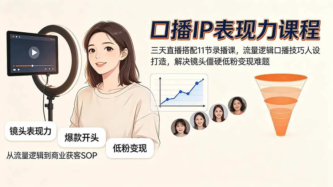 （19604期）口播IP表现力课程｜三天直播搭配11节录播课，流量逻辑口播技巧人设打造，解决镜头僵硬低粉变现难题-梦帆创业网