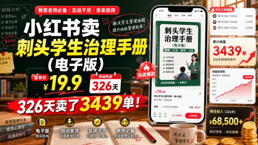 小红书卖刺头学生治理手册（电子版），客单价19.9，326天卖了3439单！-梦帆创业网
