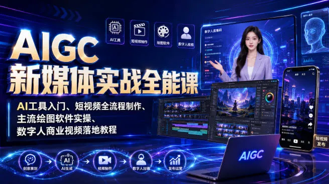 AIGC新媒体实战全能课｜AI工具入门、短视频全流程制作、主流绘图软件实操、数字人商业视频落地教程-梦帆创业网