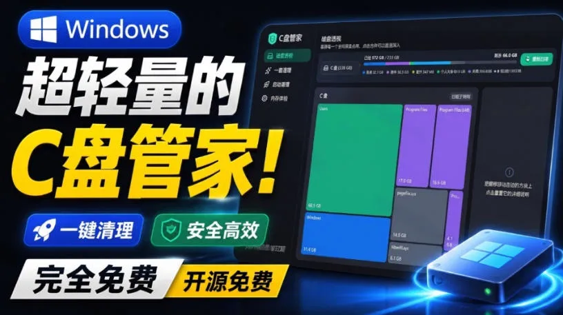 Windows超轻量的C盘管家！超级有特点，支持磁盘分析及清理提醒，2M大小体积，完全免费C盘管家-梦帆创业网
