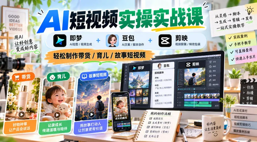 AI短视频实操实战课,即梦+豆包+剪映,轻松制作带货/育儿/故事短视频 AI短视频实操实战课,即梦+豆包+剪映,轻松制作带货/育儿/故事短视频