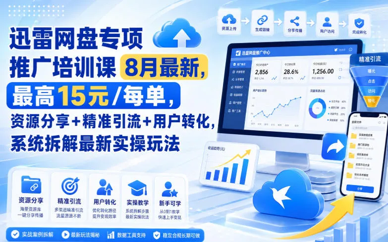 迅雷网盘专项推广培训课8月最新,最高15米/每单,资源分享+精准引流+用户转化,系统拆解最新实操玩法(更新0903) 迅雷网盘专项推广培训课8月最新,最高15米/每单,资源分享+精准引流+用户转化,系统拆解最新实操玩法(更新0903)