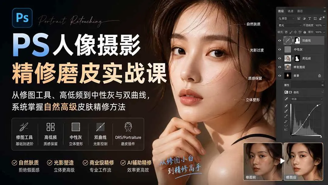 (20061期)PS人像摄影精修磨皮实战课:从修图工具、高低频到中性灰与双曲线,系统掌握自然高级皮肤精修方法 (20061期)PS人像摄影精修磨皮实战课:从修图工具、高低频到中性灰与双曲线,系统掌握自然高级皮肤精修方法