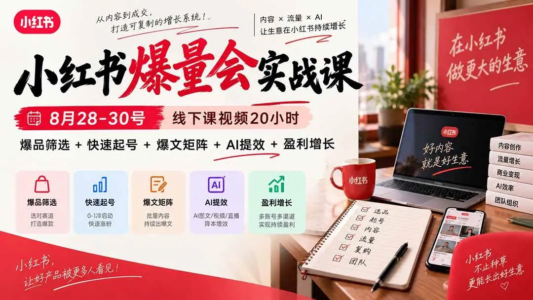 （20359期）小红书爆量会实战课：8月28-30号线下课视频20小时，爆品筛选+快速起号+爆文矩阵+AI提效+盈利增长-梦帆创业网