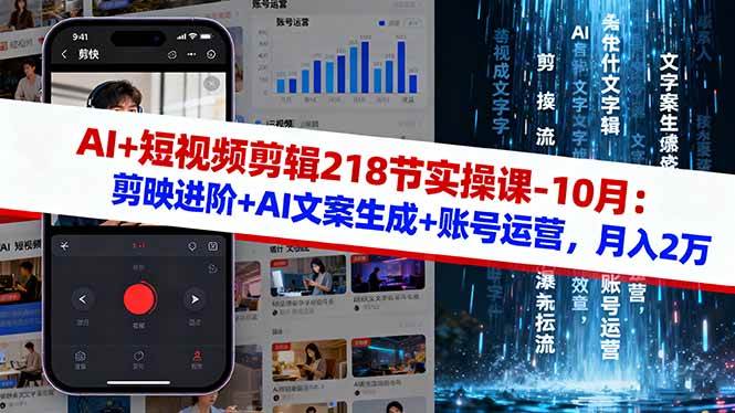 （16353期）AI+短视频剪辑218节实操课-10月：剪映进阶+AI文案生成+账号运营，月入2万-梦帆创业网