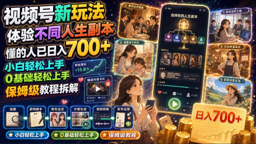 视频号新玩法体验不同人生副本，懂的人已日入700+，小白轻松上手，0基础轻松上手，保姆级教程拆解-梦帆创业网