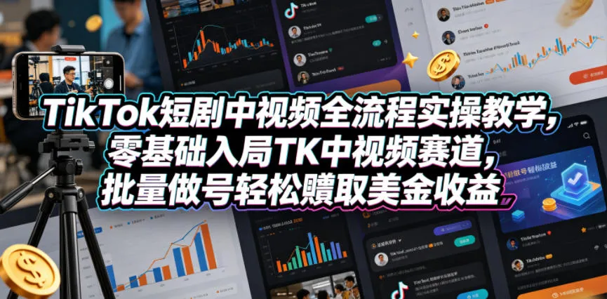 TikTok短剧中视频全流程实操教学，零基础入局TK中视频赛道，批量做号轻松賺取美金收益-梦帆创业网