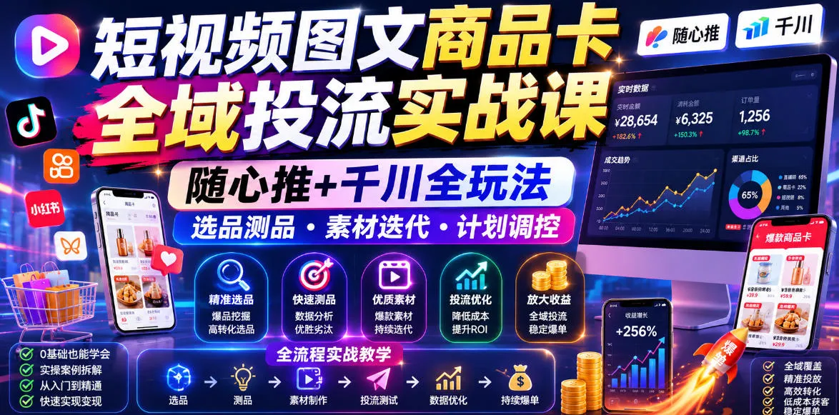 短视频图文商品卡全域投流实战课，随心推+千川全玩法，选品测品・素材迭代・计划调控，提升ROI爆单增收教程-梦帆创业网