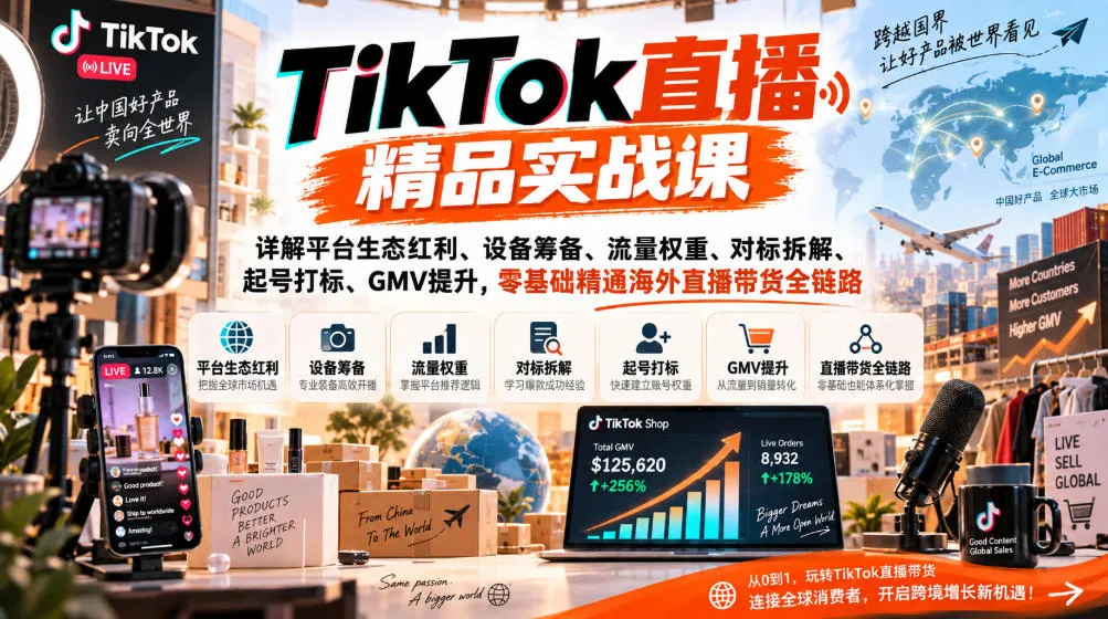 TikTok直播精品实战课，详解平台生态红利、设备筹备、流量权重、对标拆解、起号打标、GMV提升，零基础精通海外直播带货全链路-梦帆创业网