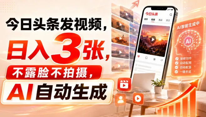 今日头条发视频，日入3张，不露脸不拍摄，AI自动生成-梦帆创业网