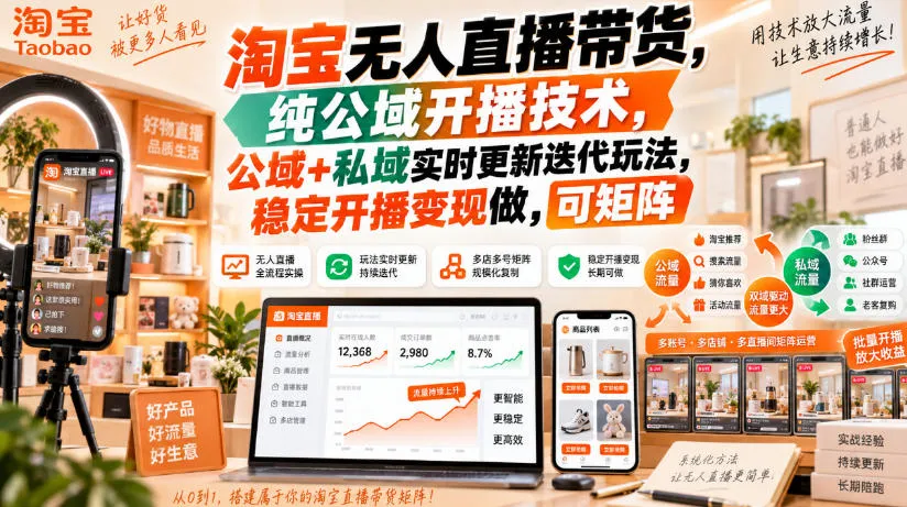淘宝无人直播带货，纯公域开播技术，公域+私域实时更新迭代玩法，稳定开播变现做，可矩阵【揭秘】-梦帆创业网