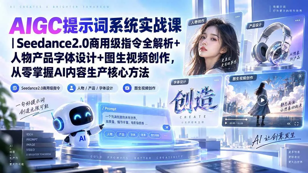 （20559期）AIGC提示词系统实战课-无水印｜Seedance2.0商用级指令全解析+人物产品字体设计+图生视频创作，掌握AI内容生产方法-梦帆创业网