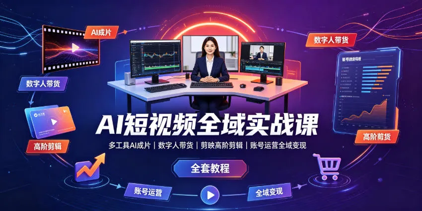 AI短视频全域实战课｜多工具AI成片、数字人带货、剪映高阶剪辑、账号运营全域变现全套教程-梦帆创业网