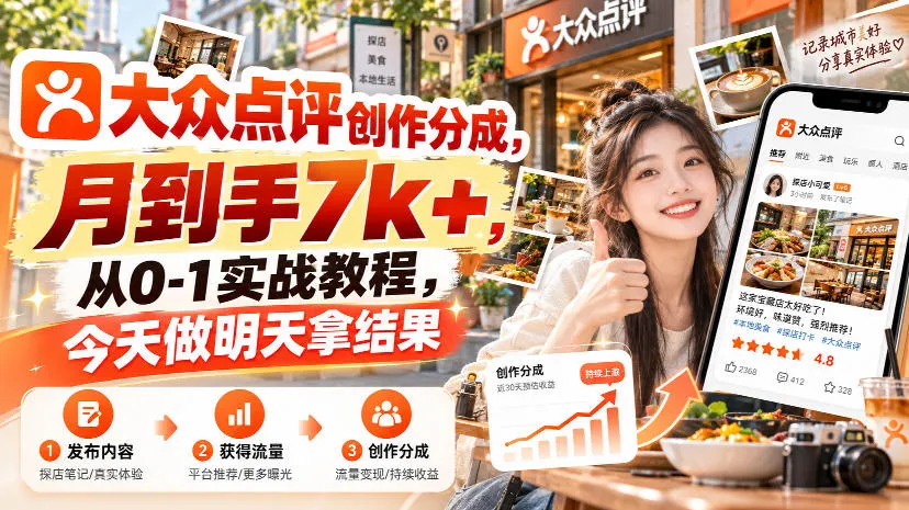 大众点评创作分成，月到手7k+，从0-1实战教程，今天做明天拿结果-梦帆创业网